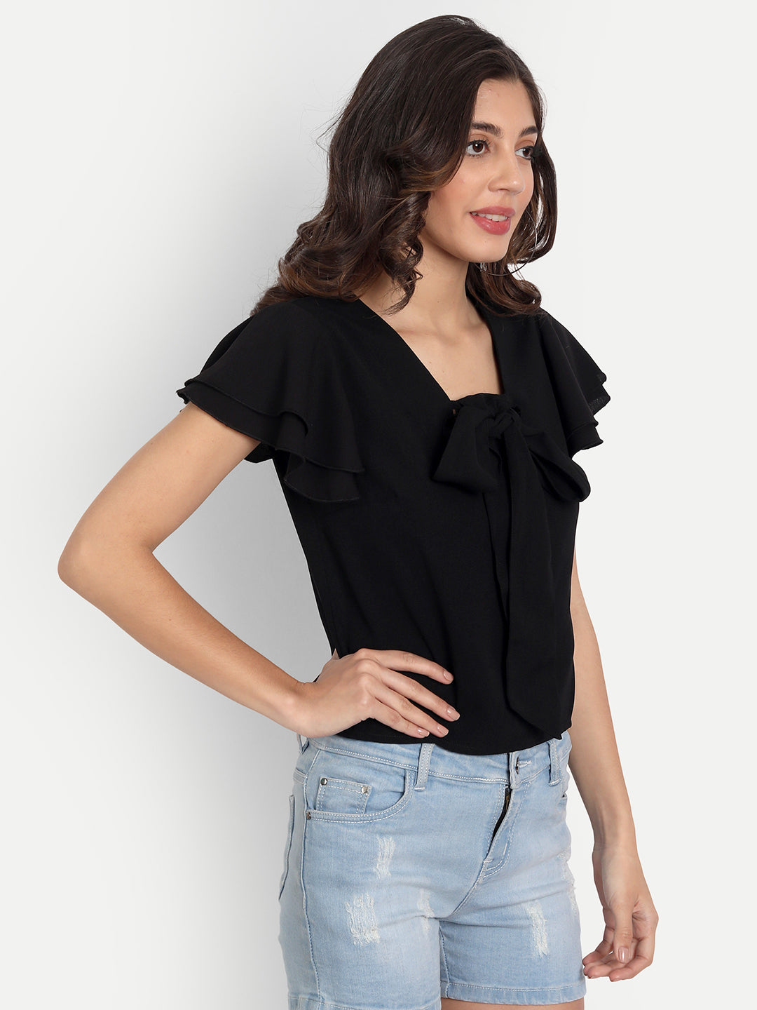 Essque Black Neck Tie-up flared sleeve Top - Essque Attire With Attitude