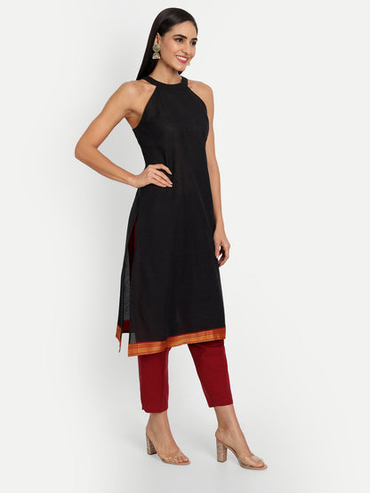 Essque Black Cotton Halter Neck Back Opening Kurta - Essque Attire With Attitude