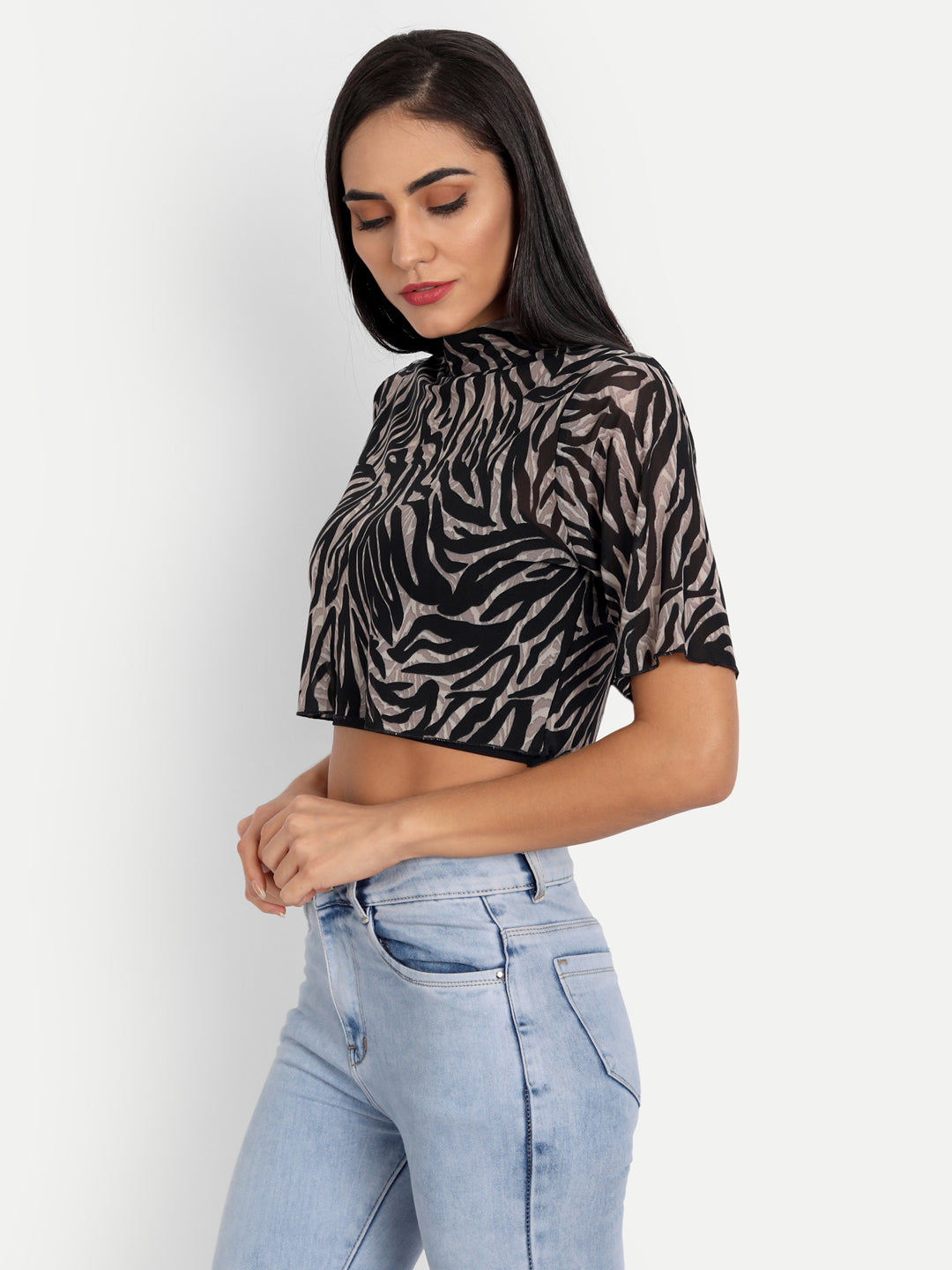 Essque Women Brown Black Printed mesh Short sleeve Top - Essque Attire With Attitude