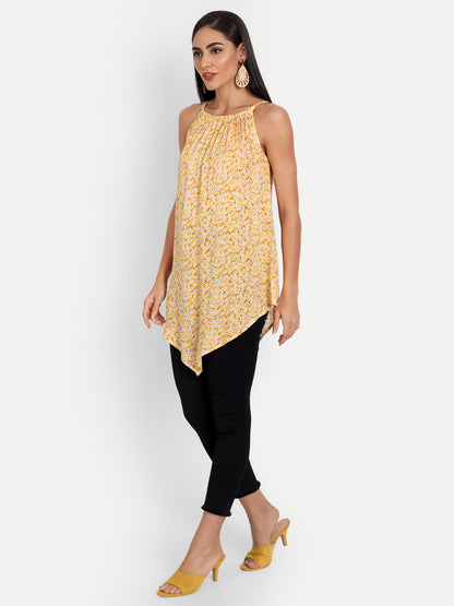 Essque Yellow Printed Halter Neck Asymmetric Top - Essque Attire With Attitude