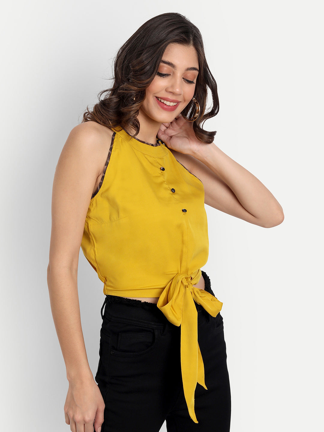 Essque Mustard Solid Hight Neck Waist Tieup Top - Essque Attire With Attitude