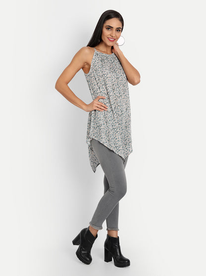 Essque Teal Printed Halter Neck Asymmetric Top - Essque Attire With Attitude