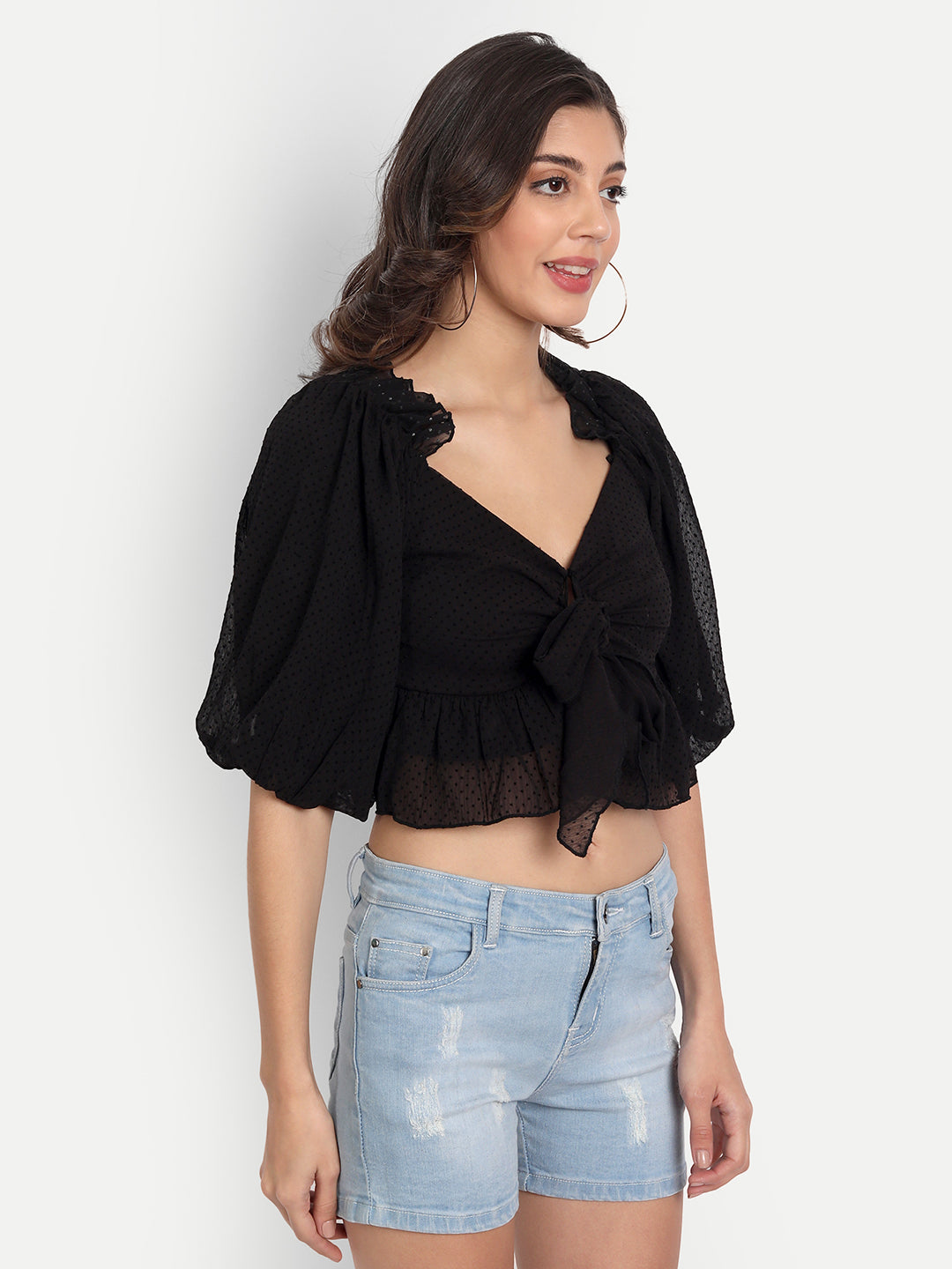 Essque Black Velvet Self Design Sweetheart Neck Empire Front Knot  Top - Essque Attire With Attitude