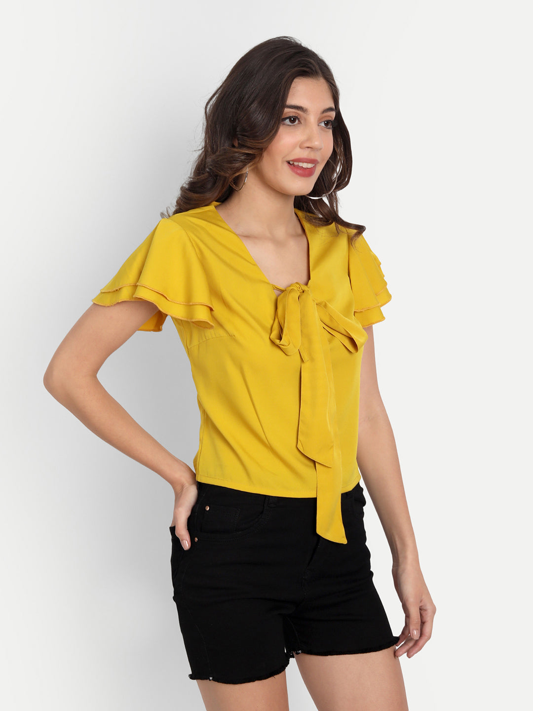 Essque Mustard Neck Tie-up flared sleeve Top - Essque Attire With Attitude