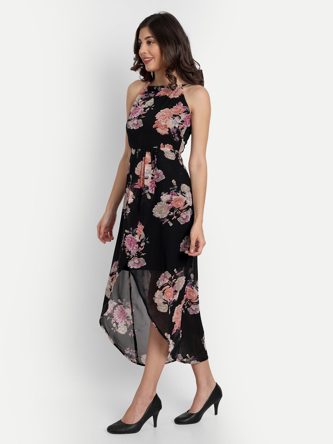 Essque Black Floral Printed Back Tie-Up Dress - Essque Attire With Attitude