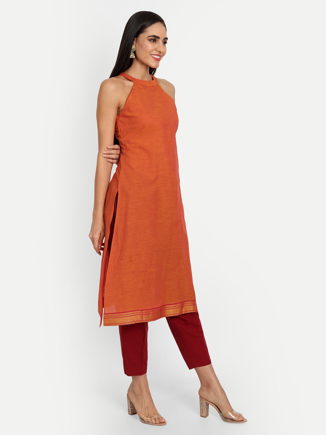 Essque Orange Cotton Halter Neck Back Opening Kurta - Essque Attire With Attitude