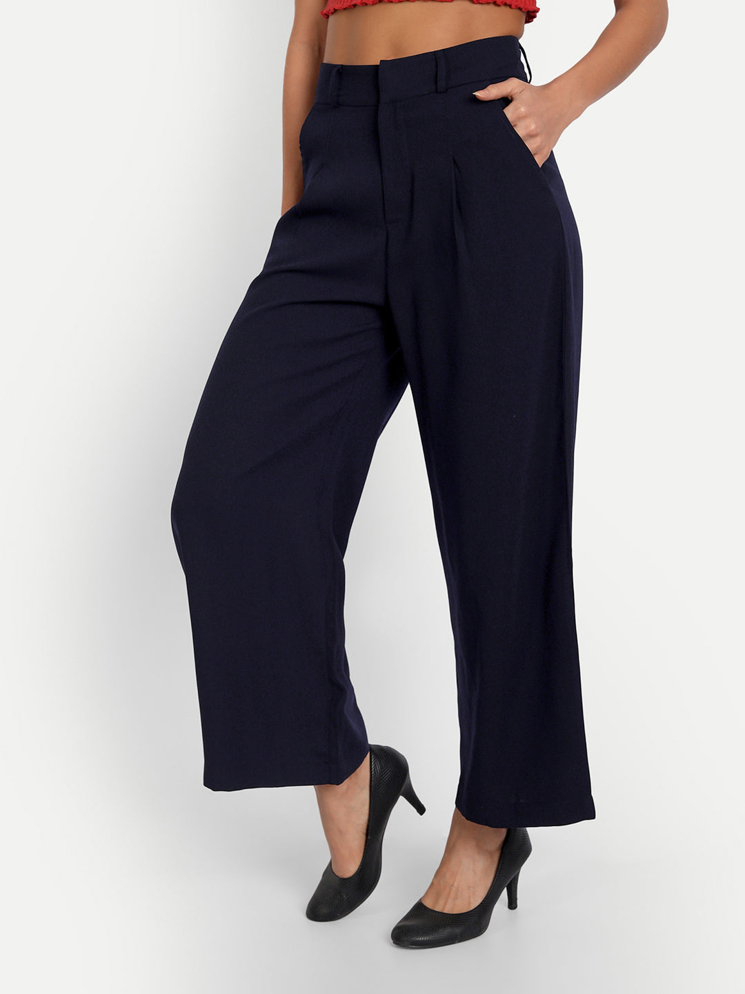 Essque Navy Blue Front Pleat Wide Leg Trousers - Essque Attire With Attitude