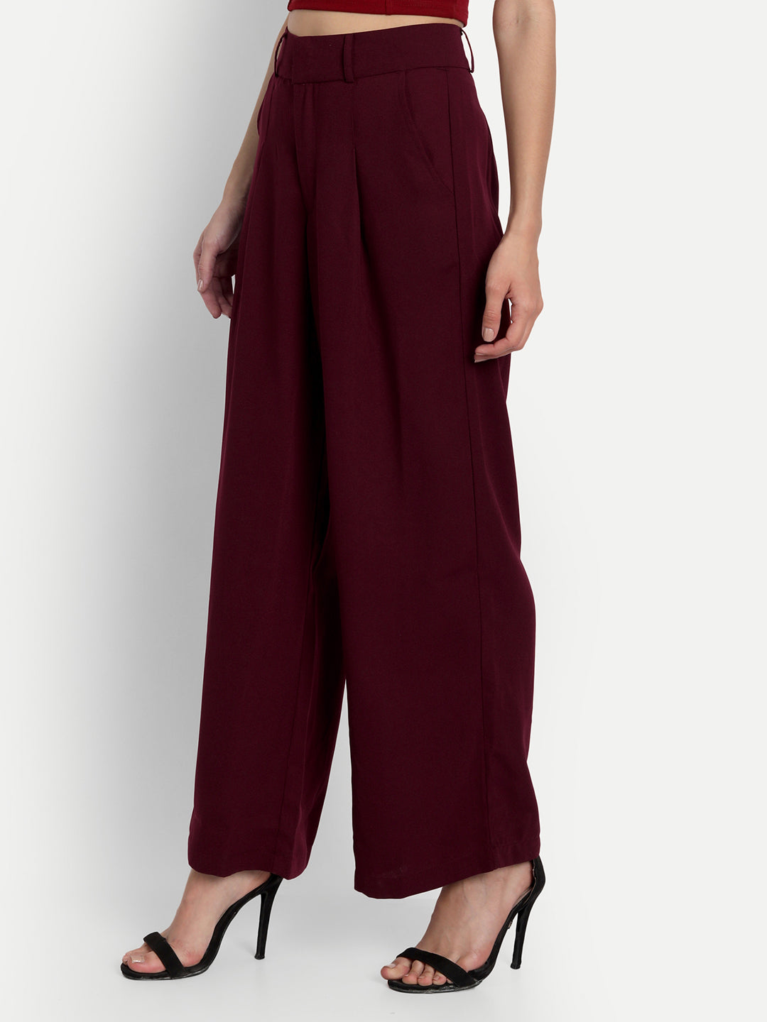 Essque Maroon Front Pleat Wide Leg Trousers - Essque Attire With Attitude