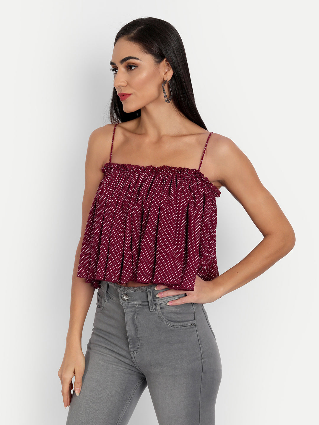 Essque Maroon Polka Dots Gathered Top - Essque Attire With Attitude