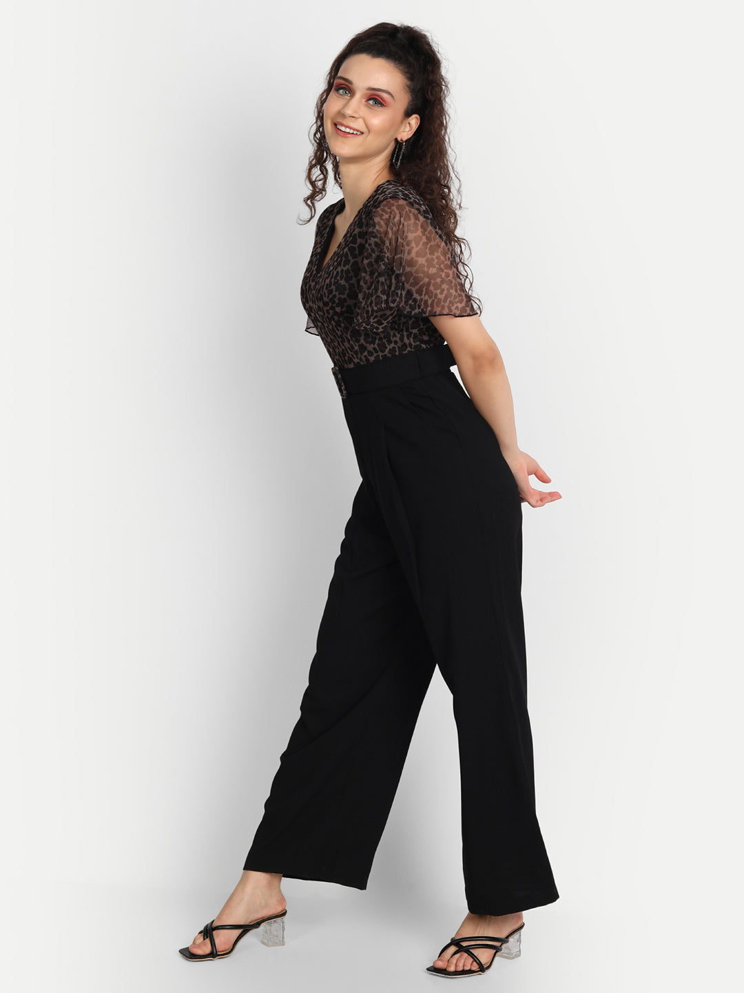 Essque Brown Animal Print Frill Sleeve Jumpsuit - Essque Attire With Attitude