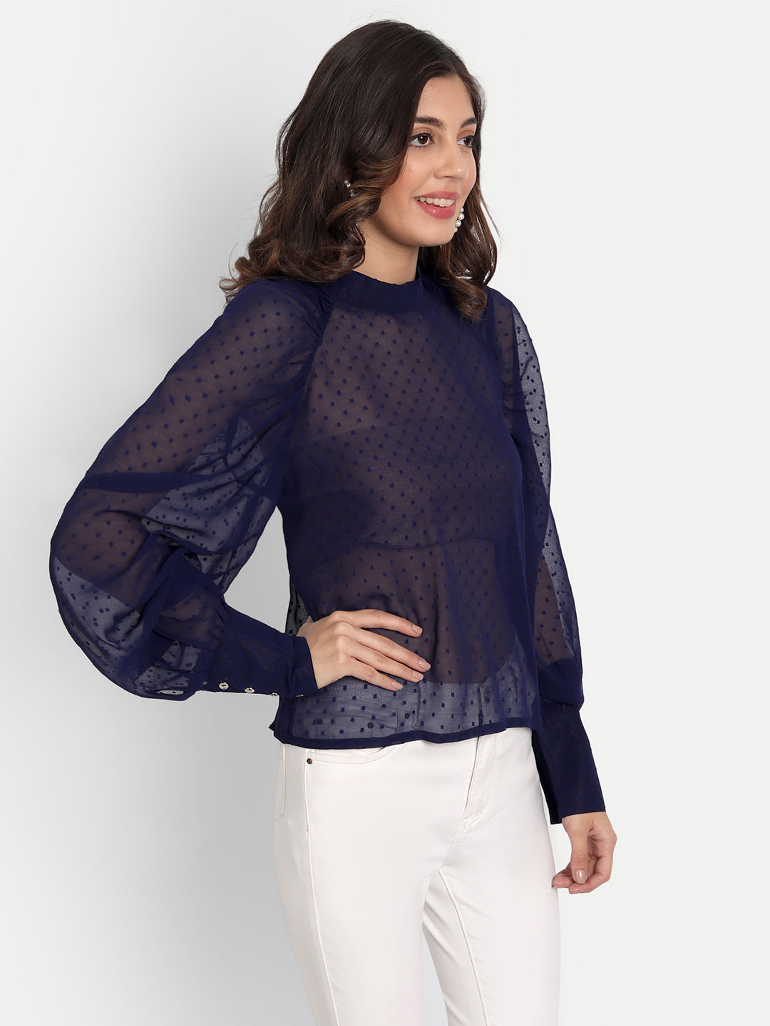 Essque Blue Self Design Bishop Sleeves Top - Essque Attire With Attitude