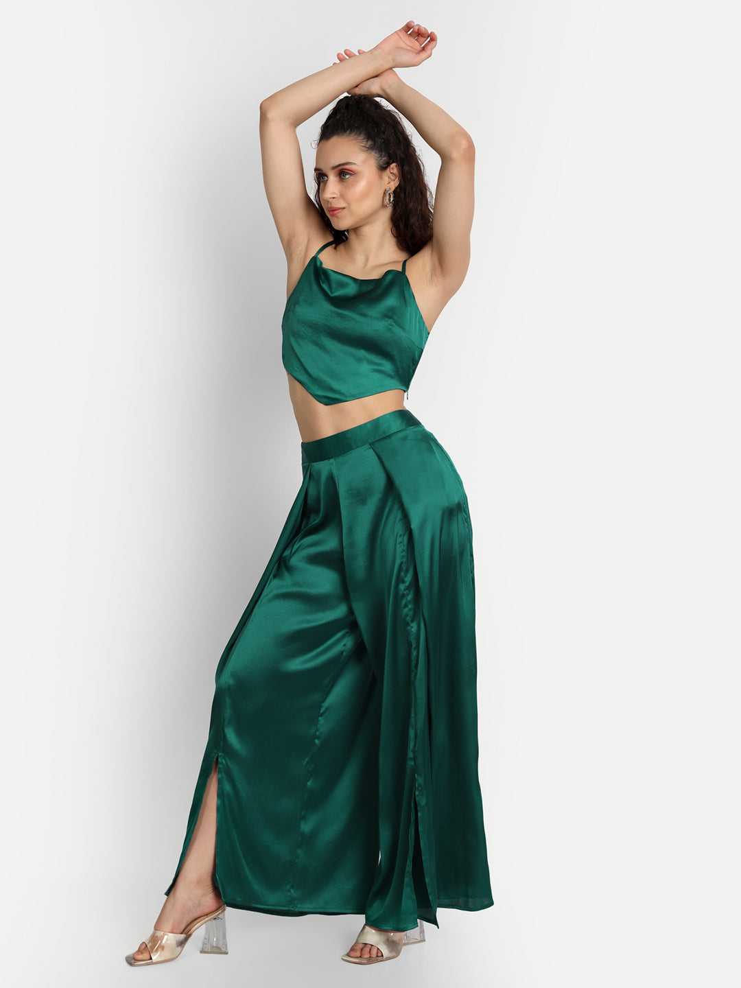 Essque Green Solid Satin Stylish Co-Ord Set - Essque Attire With Attitude