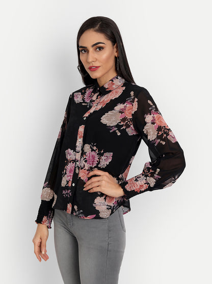 Essque Black Floral Print Consie Bishop Sleeves Shirt - Essque Attire With Attitude