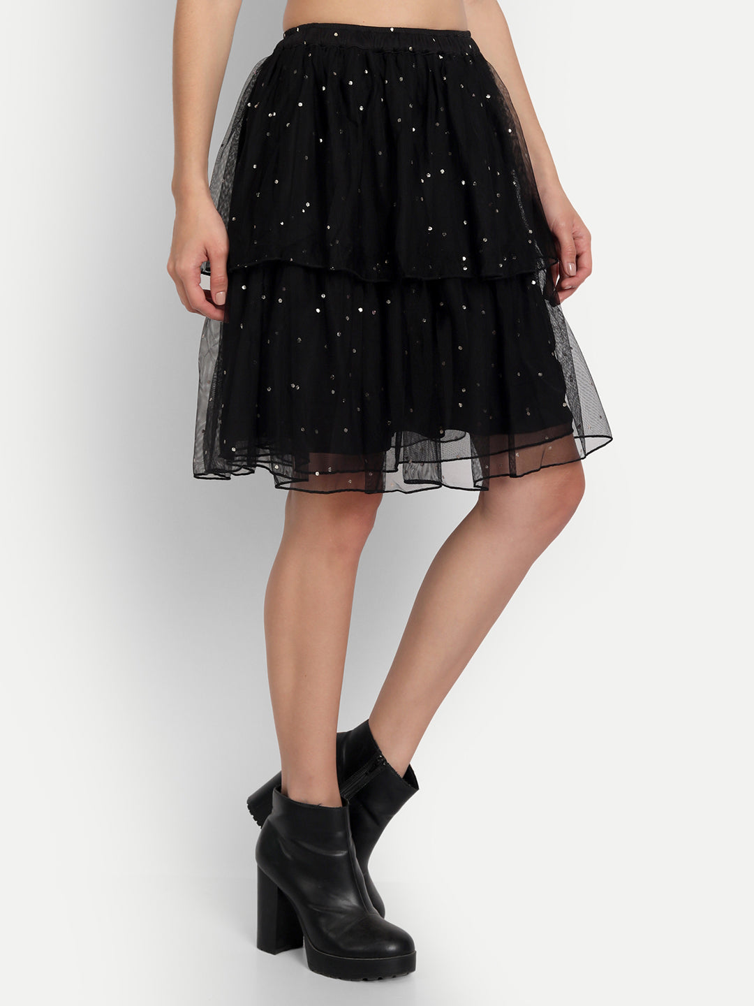 Essque Black Mesh Foil Print Tiers Skirt - Essque Attire With Attitude