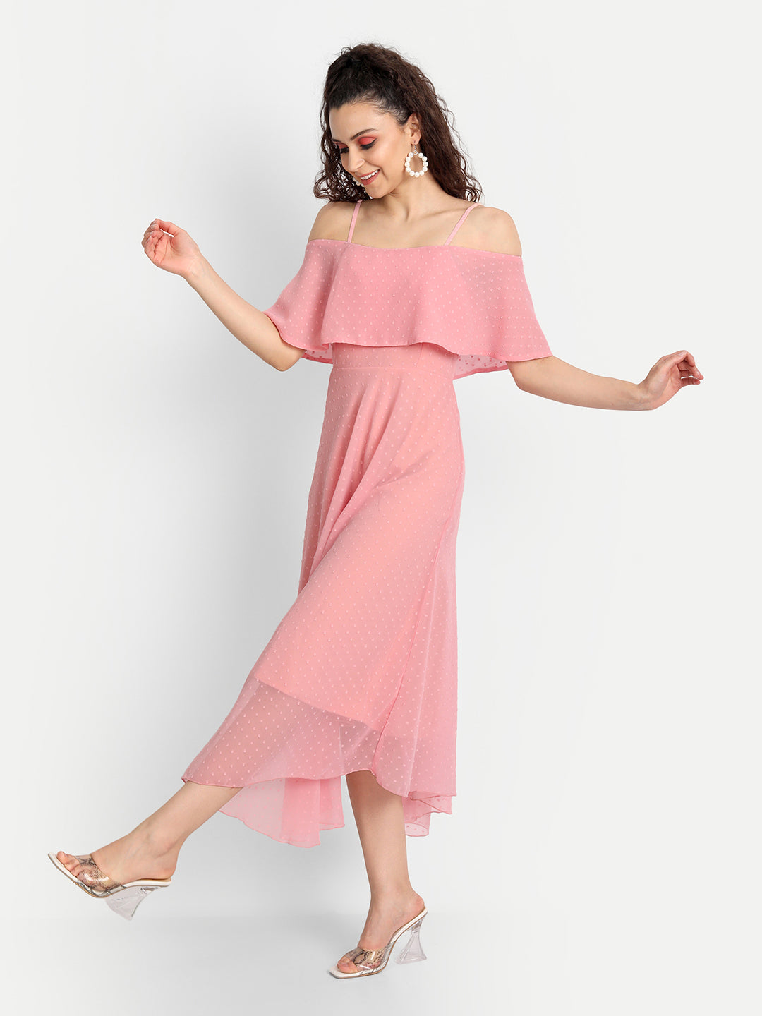 Essque Women Pink Swiss Dot Cape Style Dress - Essque Attire With Attitude