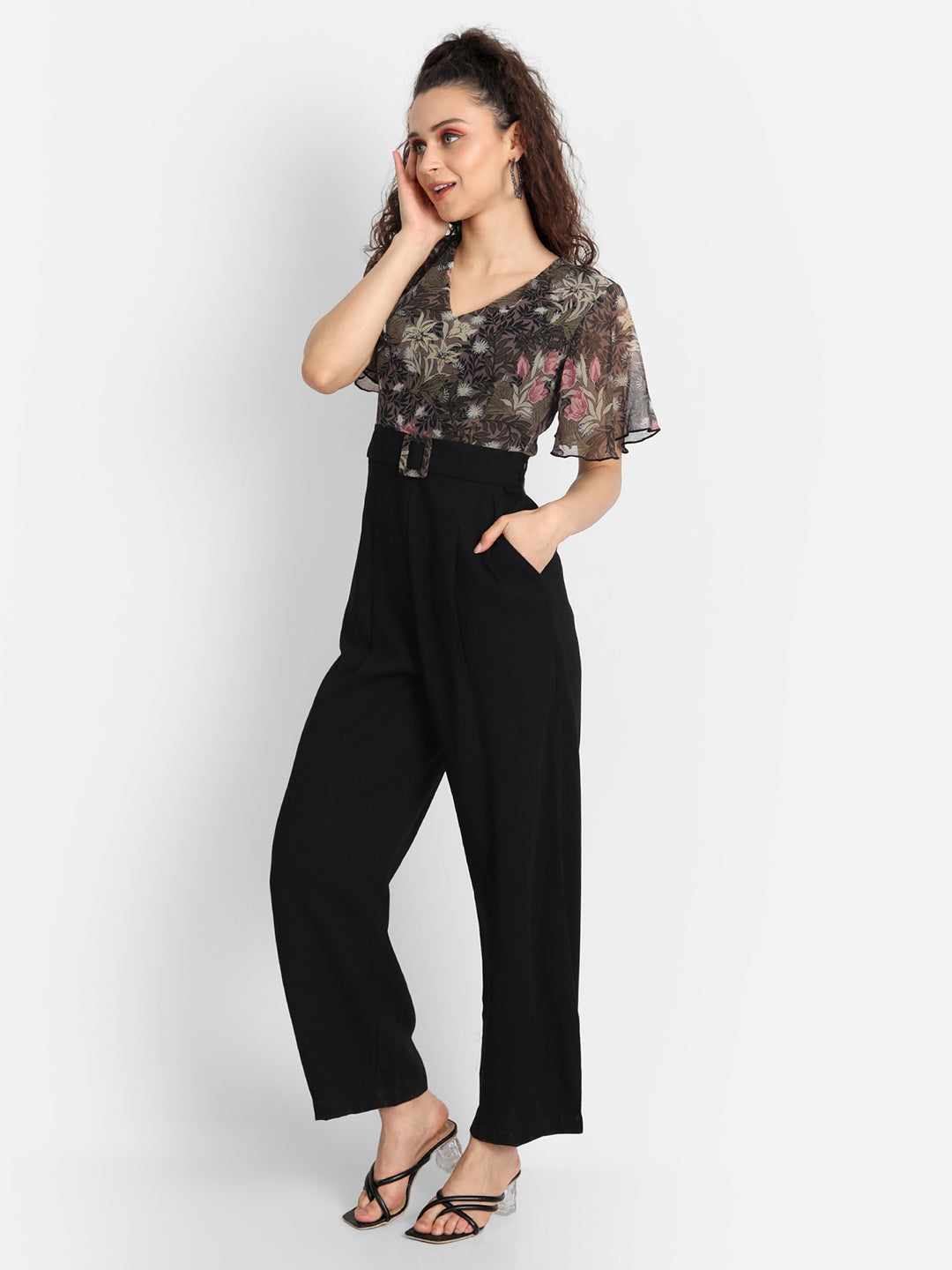 Essque Brown Floral Print Frill Sleeve Jumpsuit - Essque Attire With Attitude