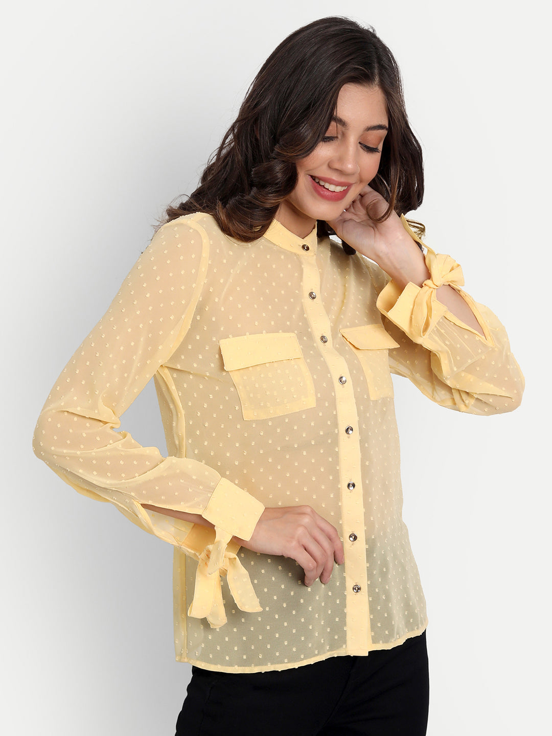 Essque Yellow Swiss Dot Mandarin Collar Shirt - Essque Attire With Attitude