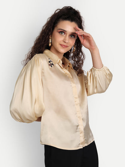 Essque Beige Satin Solid Collar Detailing Shirt - Essque Attire With Attitude