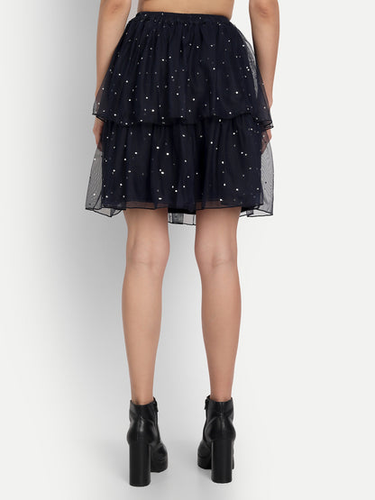 Essque Blue Mesh Foil Print Tiers Skirt - Essque Attire With Attitude