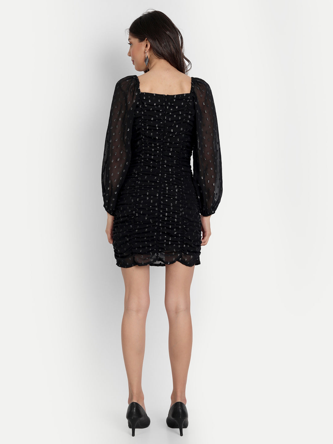 Essque Black Lurex Swiss Dot Front Gathered Bishop Sleeves Dress - Essque Attire With Attitude