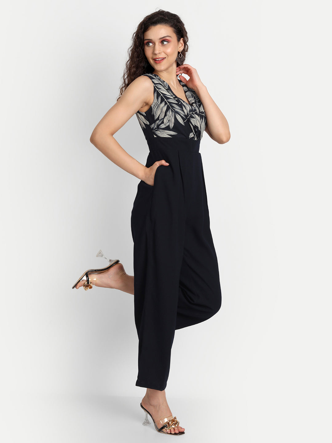 Essque Blue Leaf Printed Front Detailed Jumpsuit - Essque Attire With Attitude