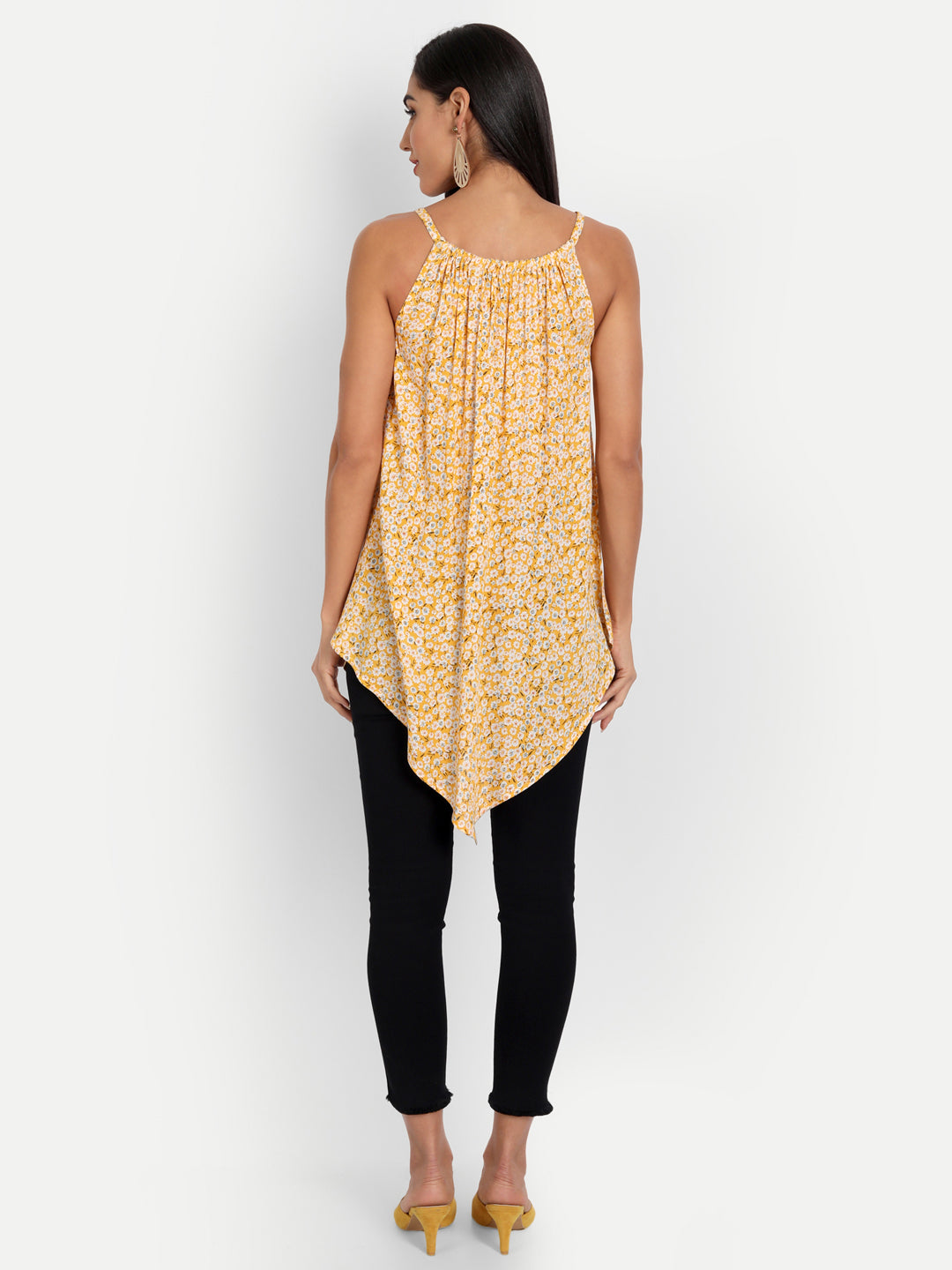 Essque Yellow Printed Halter Neck Asymmetric Top - Essque Attire With Attitude