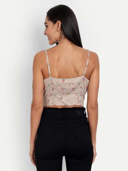 Essque Beige Floral Print Front Button Crop Top - Essque Attire With Attitude