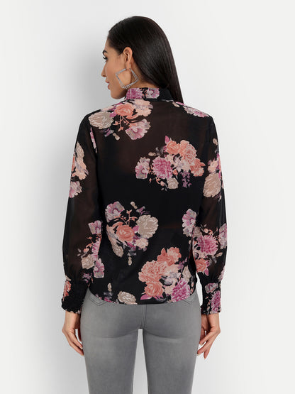 Essque Black Floral Print Consie Bishop Sleeves Shirt - Essque Attire With Attitude