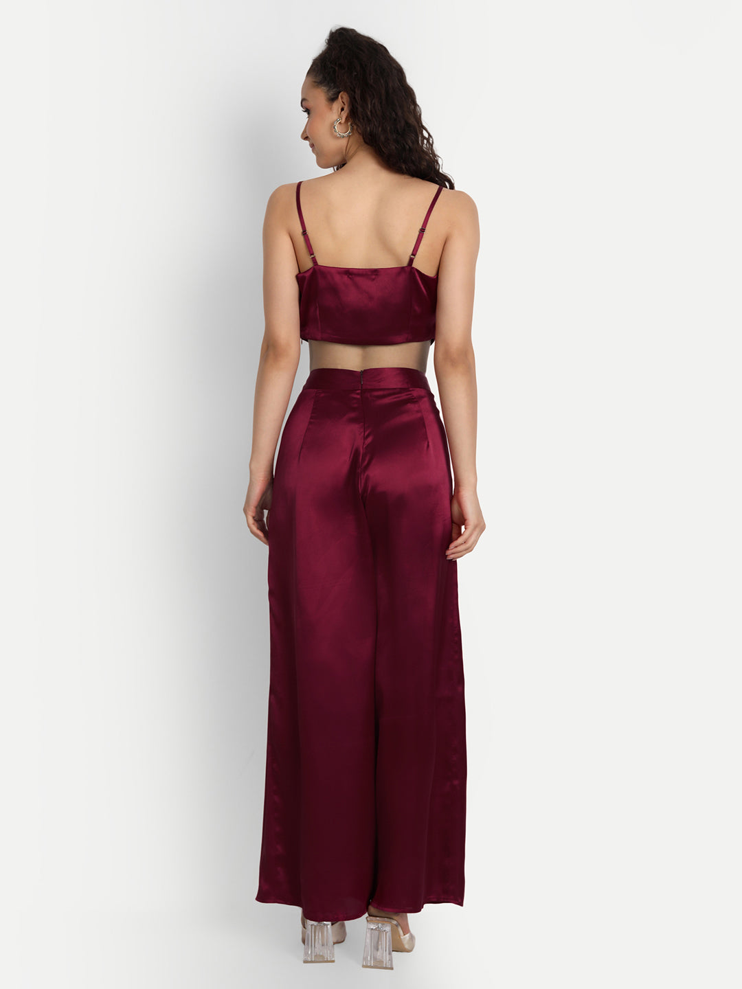 Essque Maroon Solid Satin Stylish Co-Ord Set - Essque Attire With Attitude