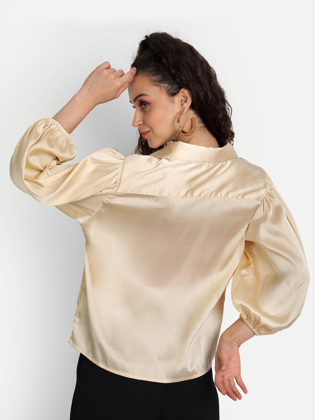 Essque Beige Satin Solid Collar Detailing Shirt - Essque Attire With Attitude