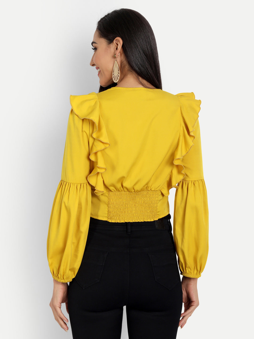 Essque Mustard Front Button V-Neck Ruffle Top - Essque Attire With Attitude