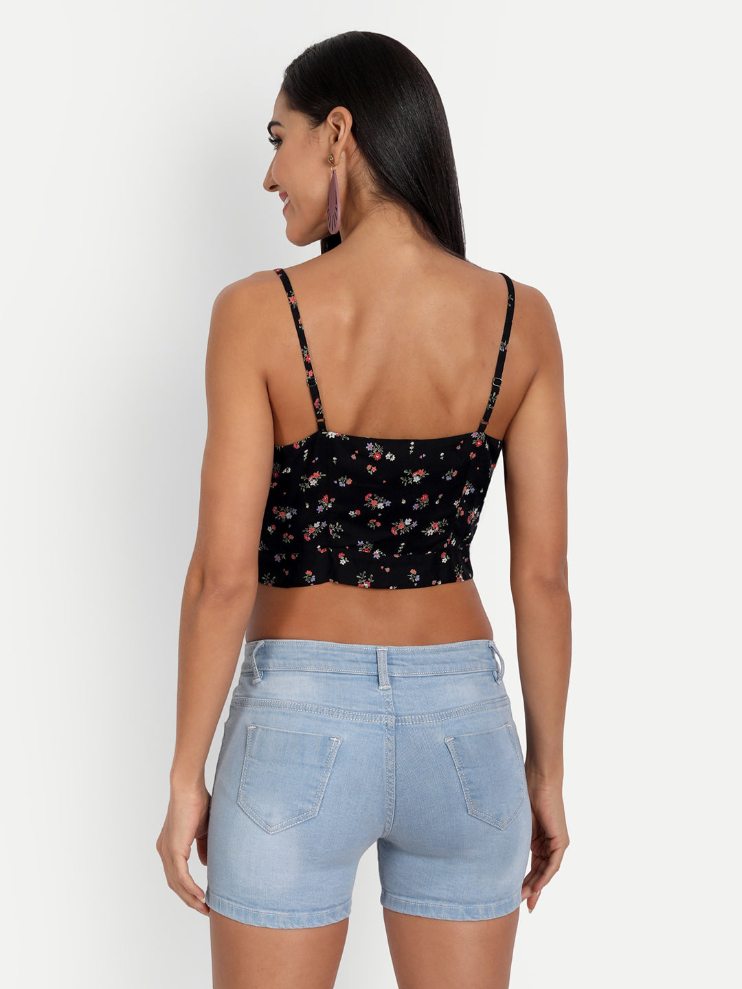 Essque Black Floral Print Front Button Crop Top - Essque Attire With Attitude