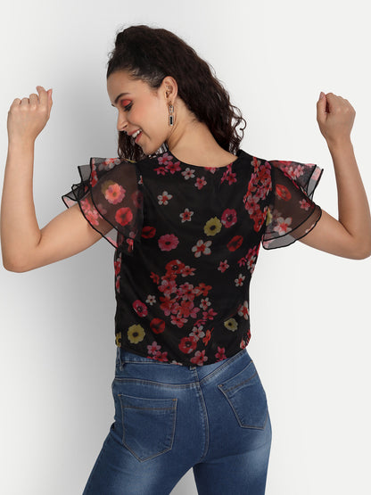 Essque Black Organza Printed Flared Sleeve Top - Essque Attire With Attitude