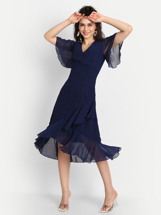 Essque Navy Blue Swiss Dot Ruffle Midi Dress - Essque Attire With Attitude