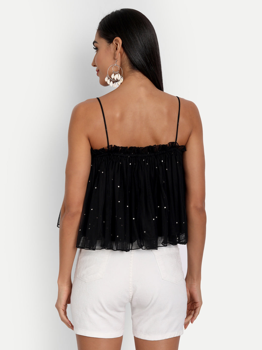 Essque Black Mesh Foil Print Gathered Top - Essque Attire With Attitude