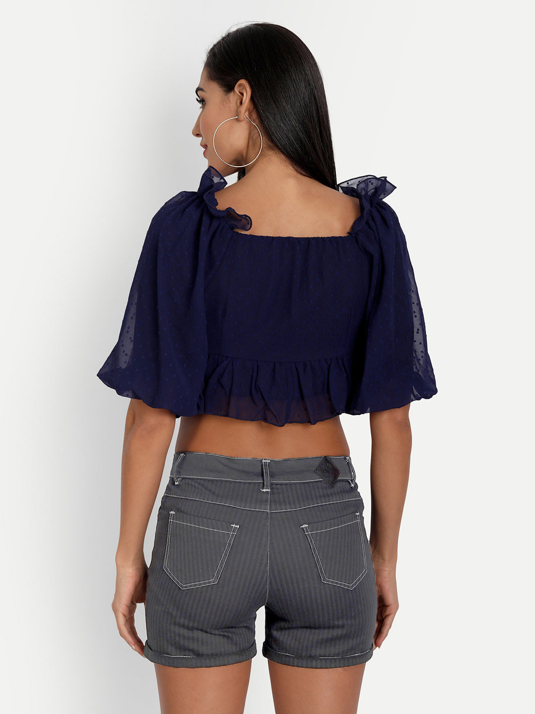 Essque Blue Self Design Sweetheart Neck Empire Front Knot  Top - Essque Attire With Attitude