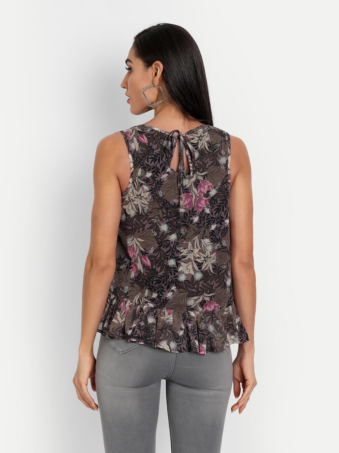 Essque Brown Multi Floral Print Sleeveless Ruffle Top - Essque Attire With Attitude