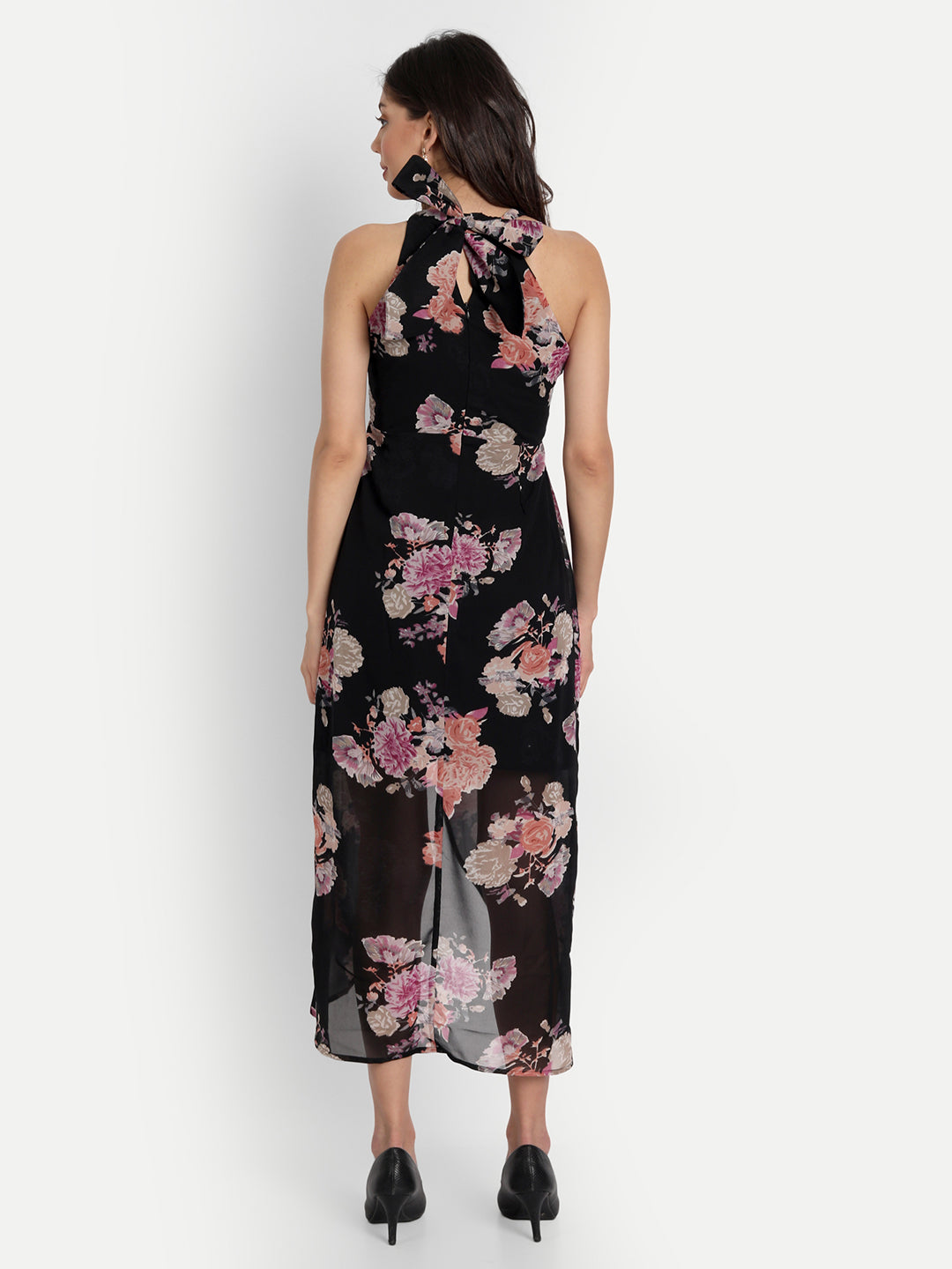 Essque Black Floral Printed Back Tie-Up Dress - Essque Attire With Attitude