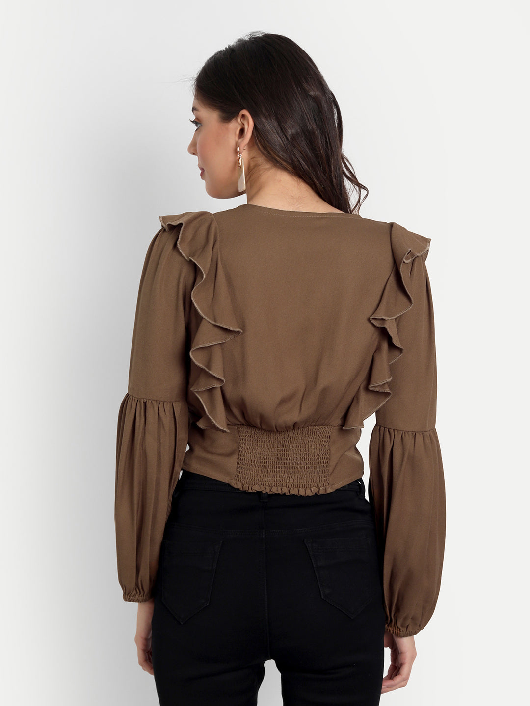 Essque Brown Front Button V-Neck Ruffle Top - Essque Attire With Attitude