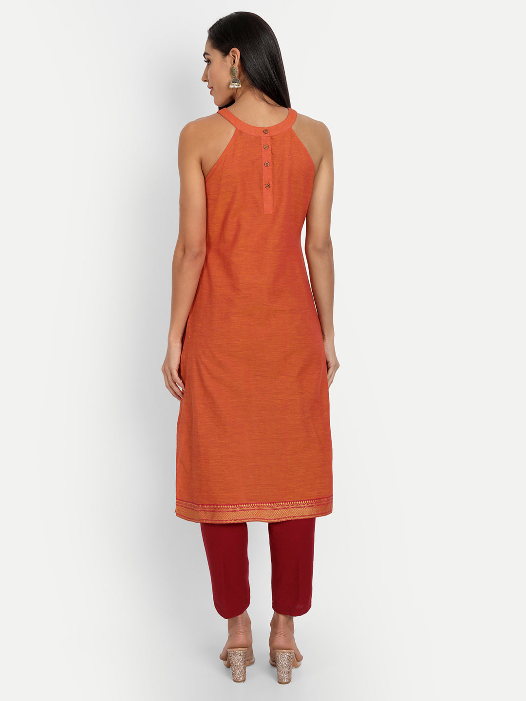 Essque Orange Cotton Halter Neck Back Opening Kurta - Essque Attire With Attitude