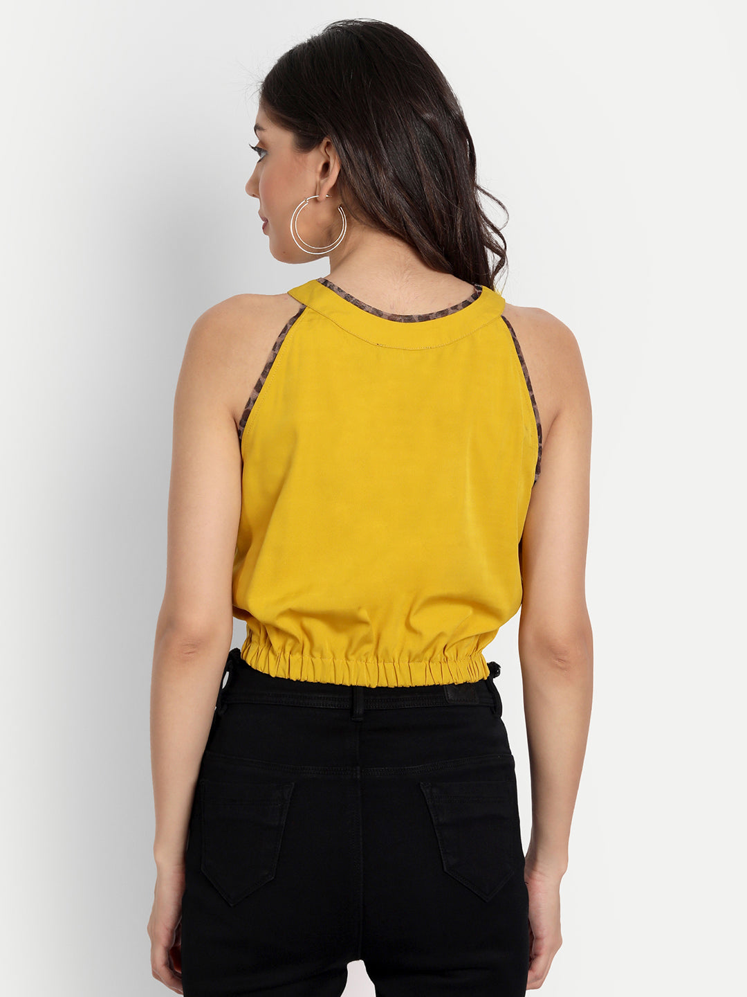 Essque Mustard Solid Hight Neck Waist Tieup Top - Essque Attire With Attitude