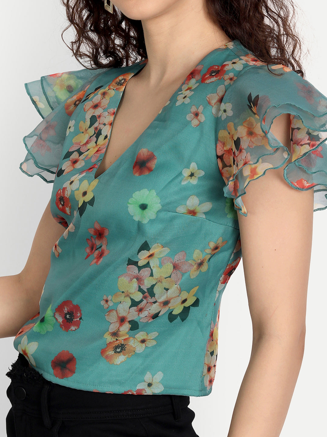 Essque Green Organza Printed Flared Sleeve Top - Essque Attire With Attitude