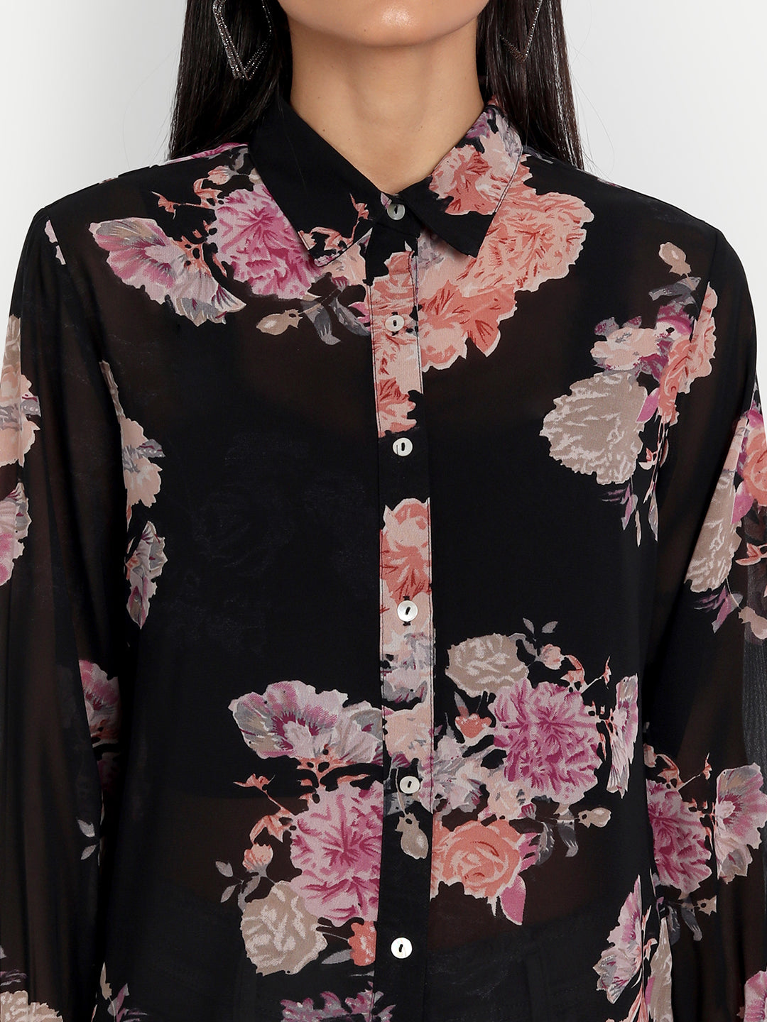 Essque Black Floral Print Consie Bishop Sleeves Shirt - Essque Attire With Attitude