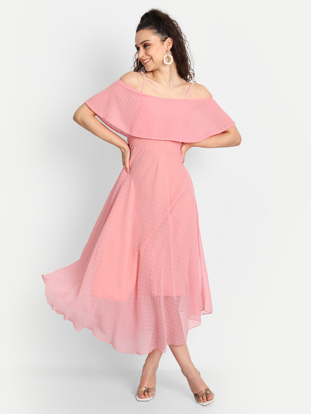 Essque Women Pink Swiss Dot Cape Style Dress - Essque Attire With Attitude