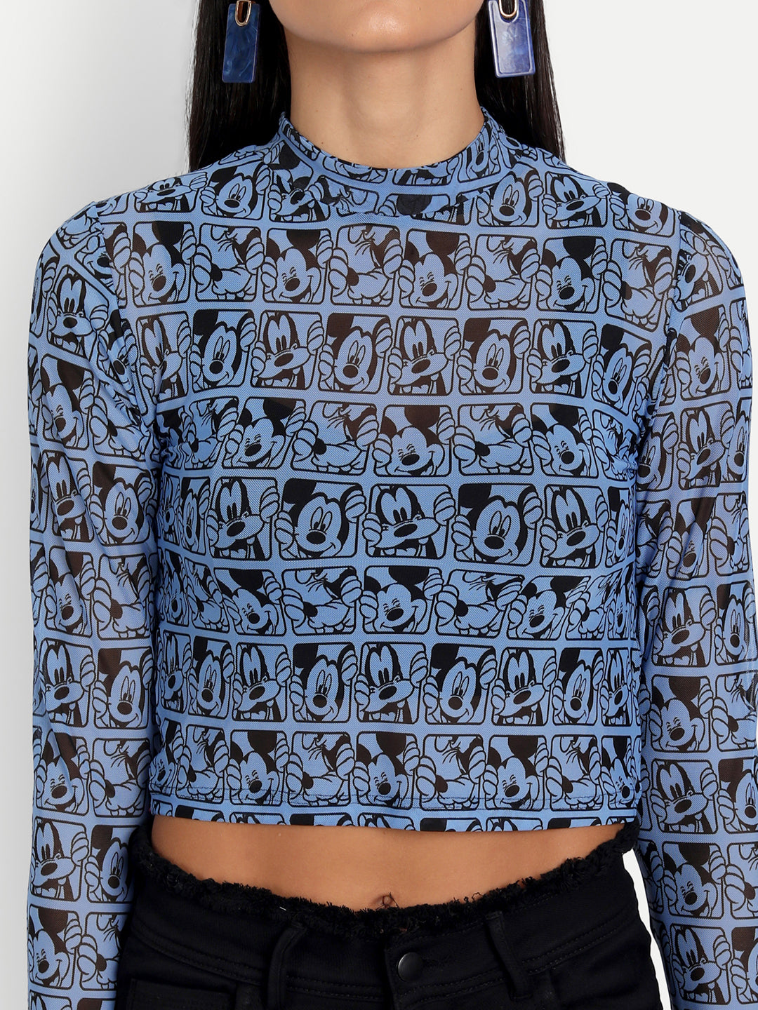 Essque  Blue Mickey Print Lycra Turtle Neck Full Sleeves Top - Essque Attire With Attitude