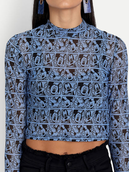 Essque  Blue Mickey Print Lycra Turtle Neck Full Sleeves Top - Essque Attire With Attitude