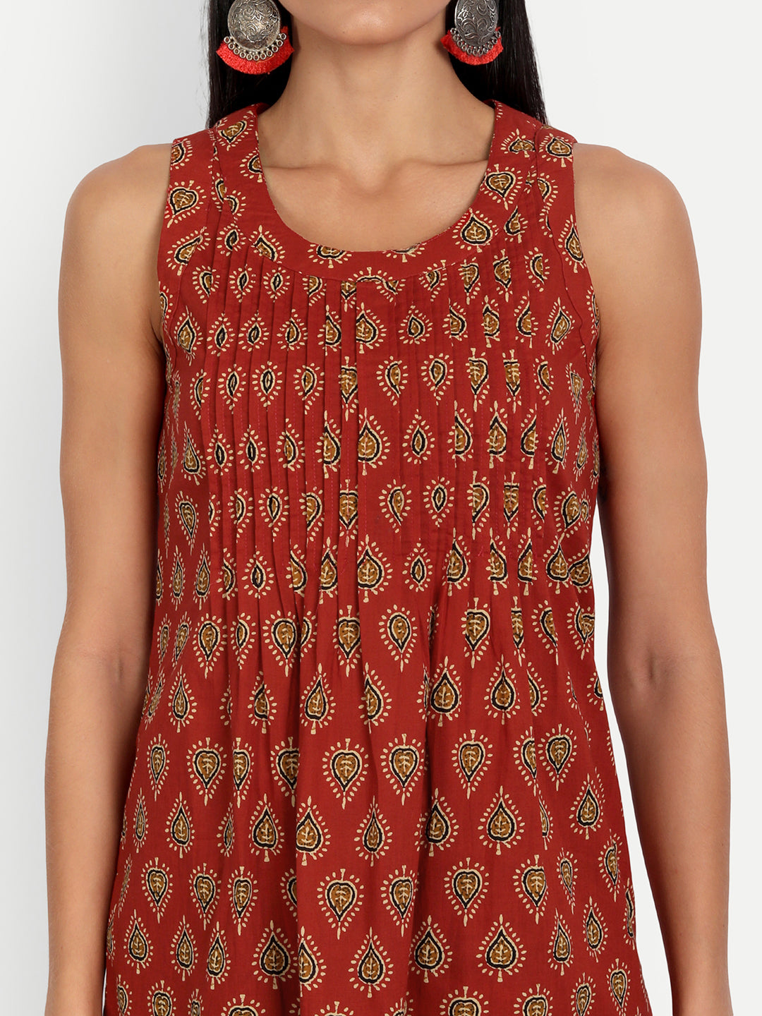 Essque Maroon Print Cotton Front Pin Tucks Kurta - Essque Attire With Attitude