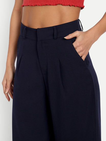 Essque Navy Blue Front Pleat Wide Leg Trousers - Essque Attire With Attitude