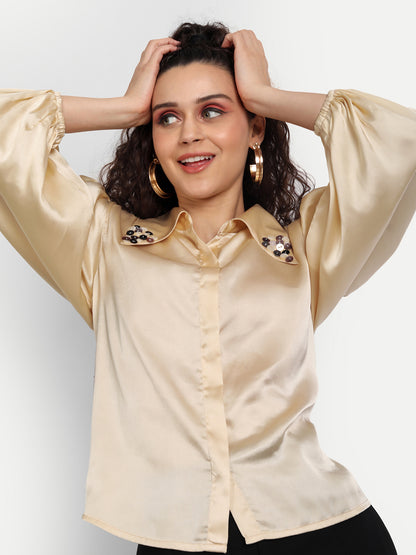 Essque Beige Satin Solid Collar Detailing Shirt - Essque Attire With Attitude