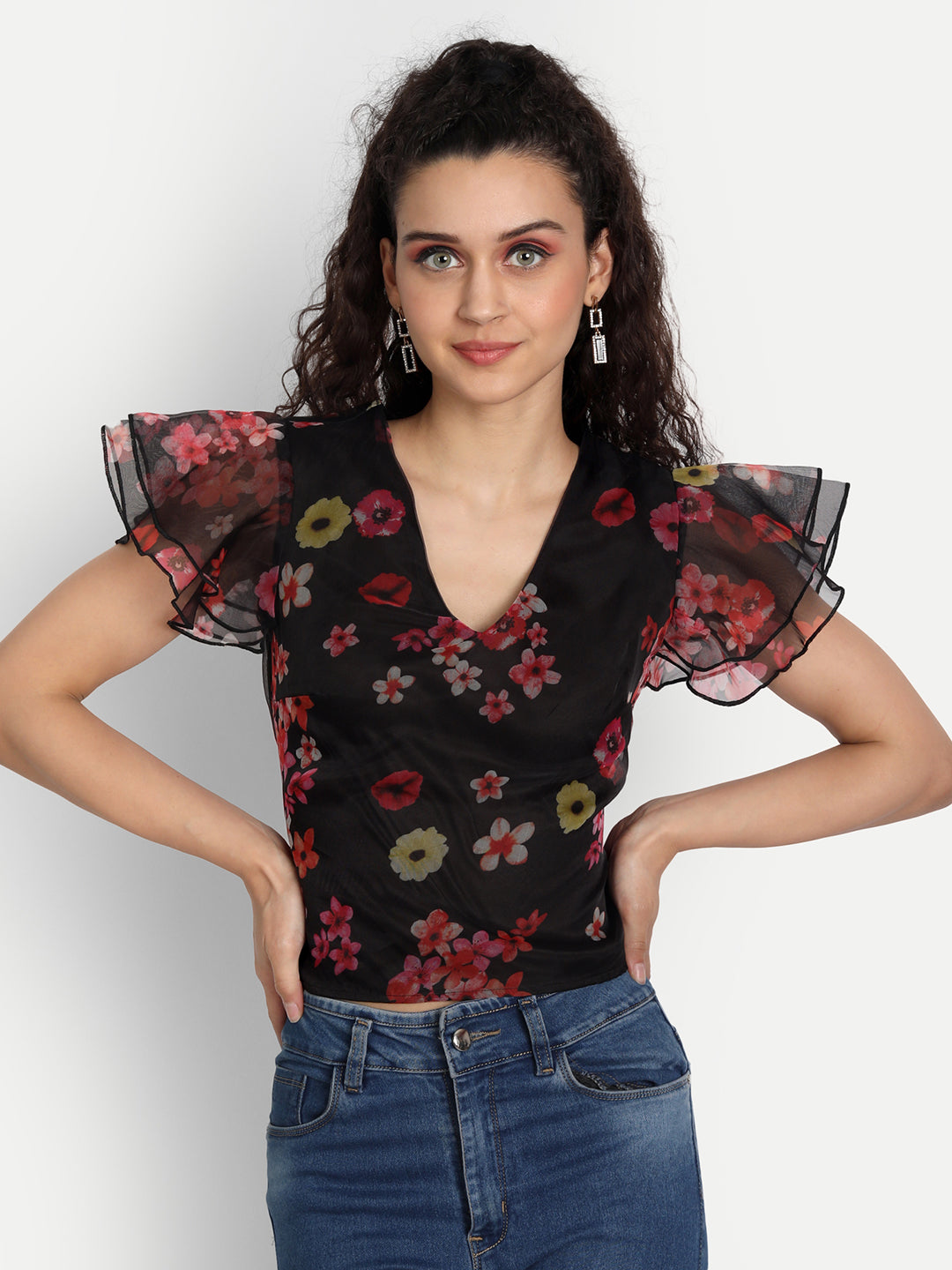 Essque Black Organza Printed Flared Sleeve Top - Essque Attire With Attitude